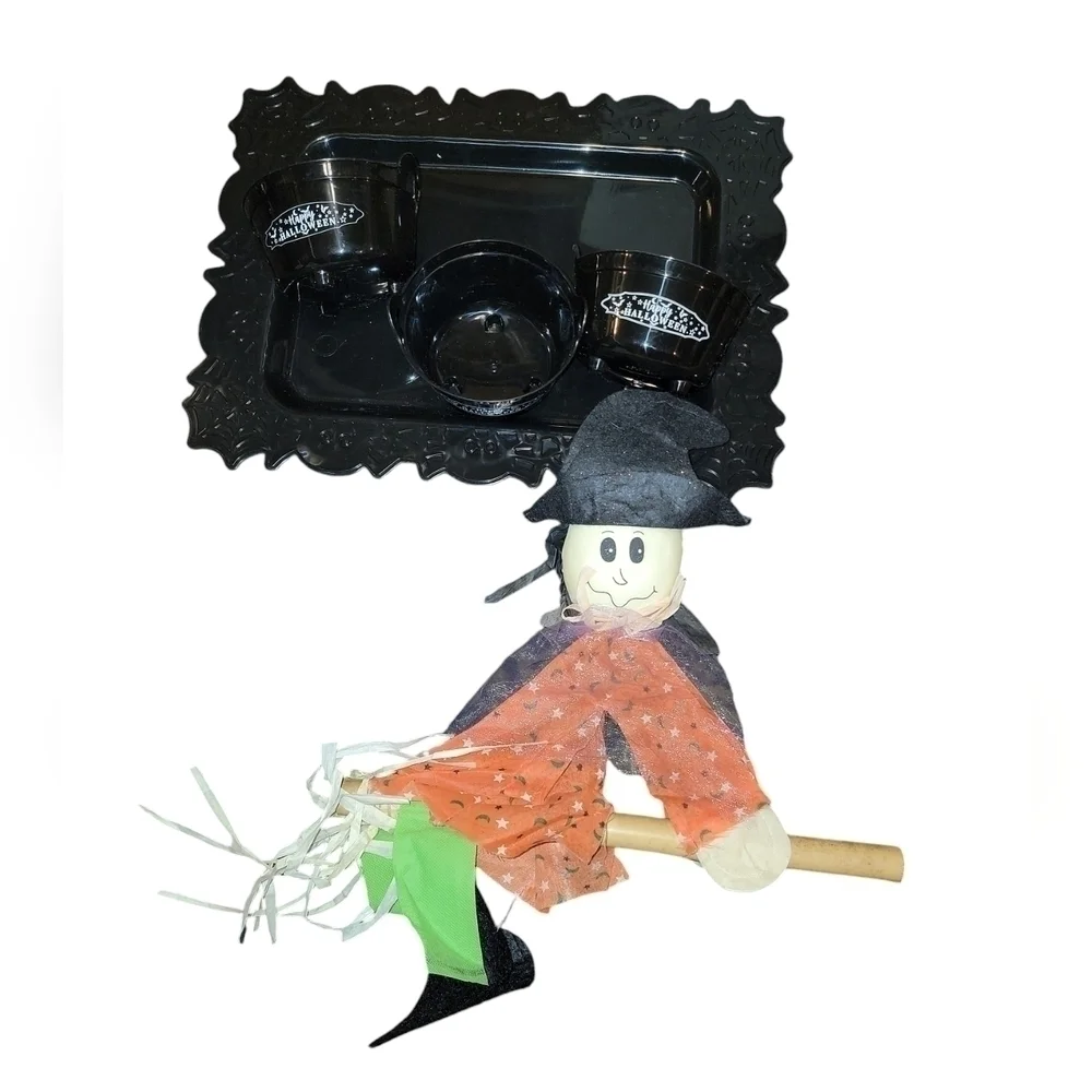 Halloween Decor Witch that hangs, 3 Happy Halloween buckets, Tray with spiders